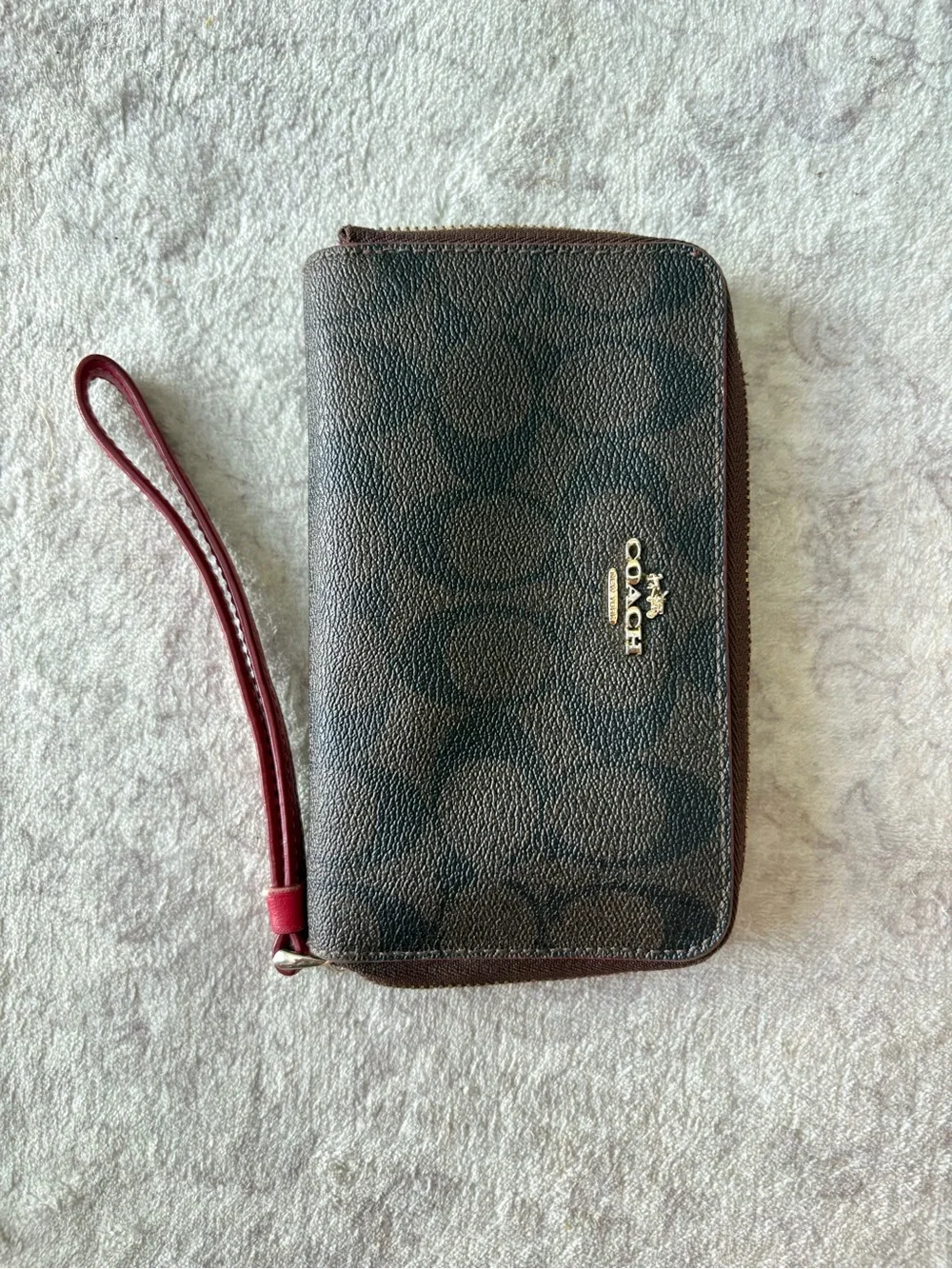 Coach Brown and Black Pebbled Leather Zip Wallet with Gold Logo